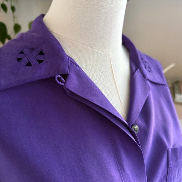 Vintage Silk Purple Cutout Detail Long Sleeve Button Up Womens Office Workwear - Picture 3 of 9